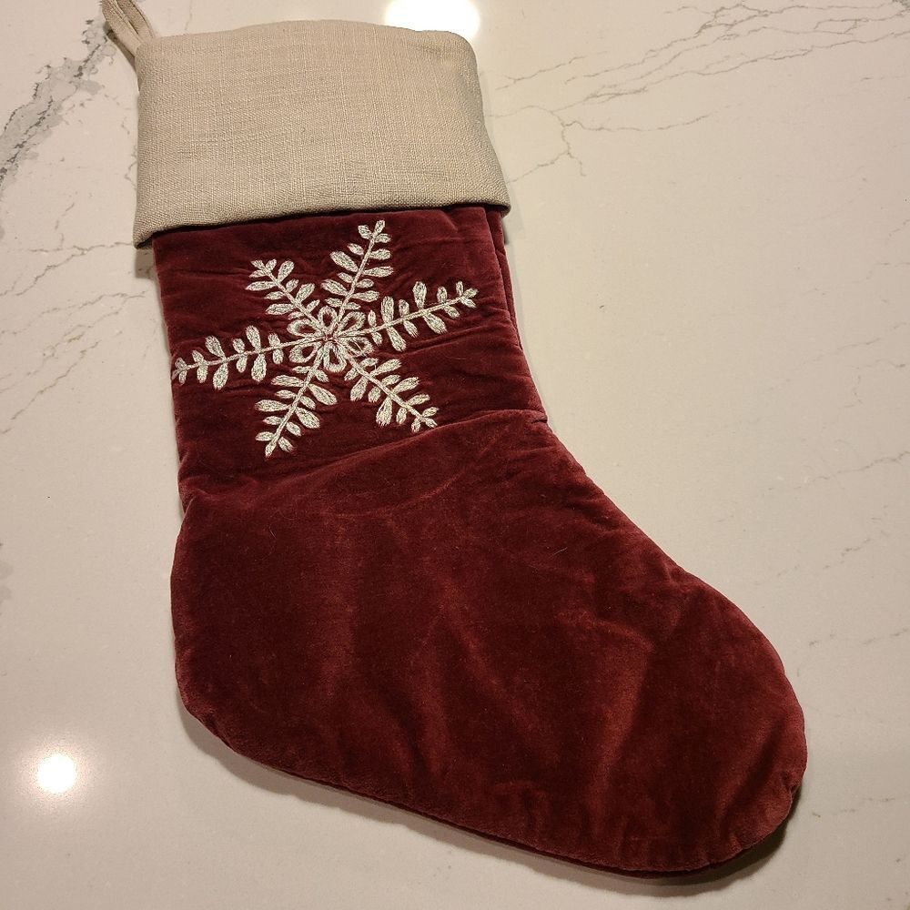 Christmas Stocking Dark Rose‎ Velvet Embroidered  Linen Cuff 18" New